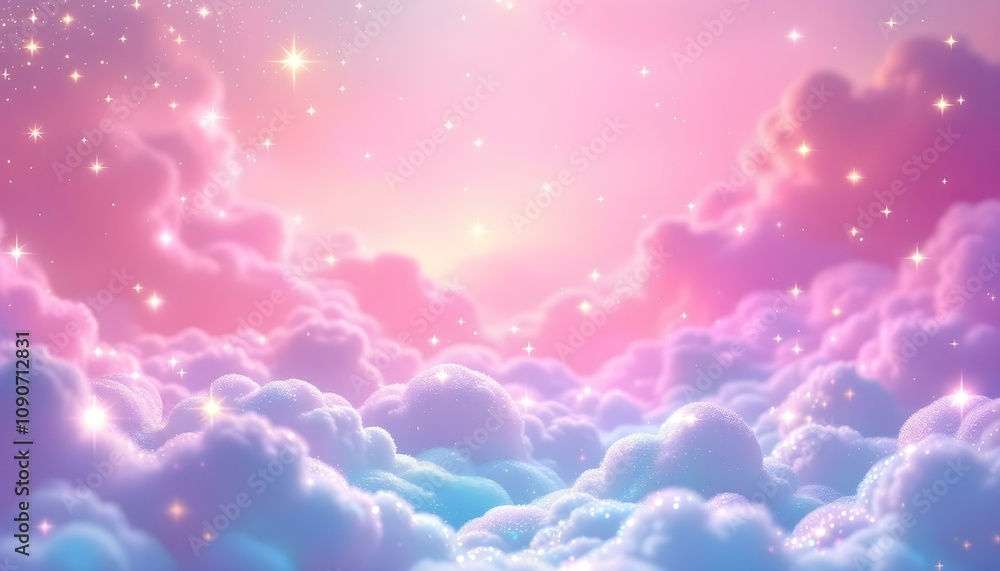 A whimsica pastel rainbow unicorn background shines with sparkling stars against a soft, pink fantasy sky. Fairy iridescent gradient backdrop. unicorn resting on a fluffy cloud with a vibrant rainbow.