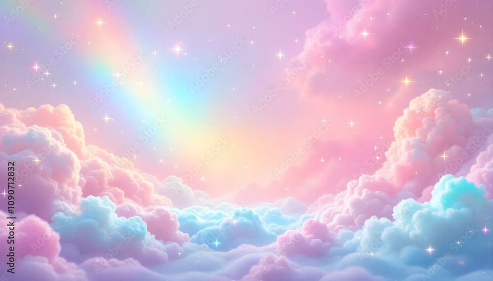 A whimsica pastel rainbow unicorn background shines with sparkling stars against a soft, pink fantasy sky. Fairy iridescent gradient backdrop. unicorn resting on a fluffy cloud with a vibrant rainbow.