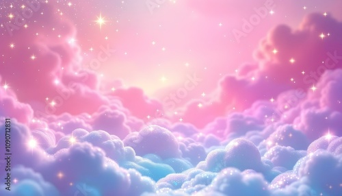 Obraz na płótnie A whimsica pastel rainbow unicorn background shines with sparkling stars against a soft, pink fantasy sky. Fairy iridescent gradient backdrop. unicorn resting on a fluffy cloud with a vibrant rainbow. w salonie