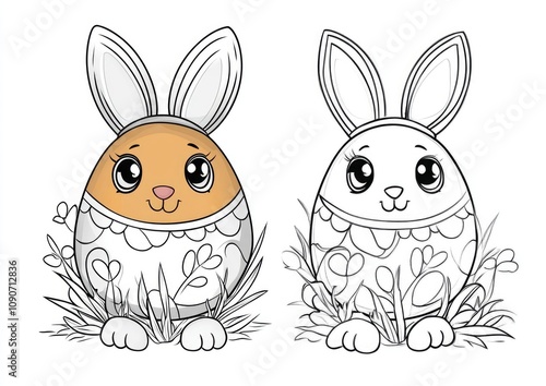 Coloring book for children featuring a fun color by numbers Easter egg Includes a cute cartoon design with both monochrome and colored versions 2D cartoon illustration photo