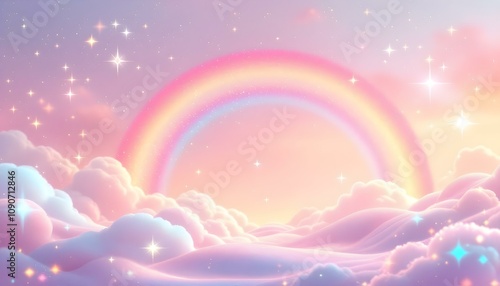 A whimsica pastel rainbow unicorn background shines with sparkling stars against a soft, pink fantasy sky. Fairy iridescent gradient backdrop. unicorn resting on a fluffy cloud with a vibrant rainbow.