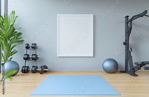 Modern home gym interior with blank frame, dumbbells, exercise ball, and mat. Generative ai