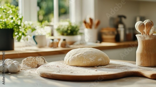 Fresh Dough on Wooden Surface in Bright Kitchen photo