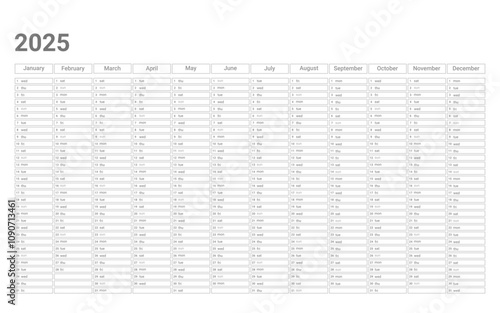 Calendar of 2025 year on English languish, template schedule planner with 12 vertical months on one page. Wall organizer, yearly planner template. Vector illustration