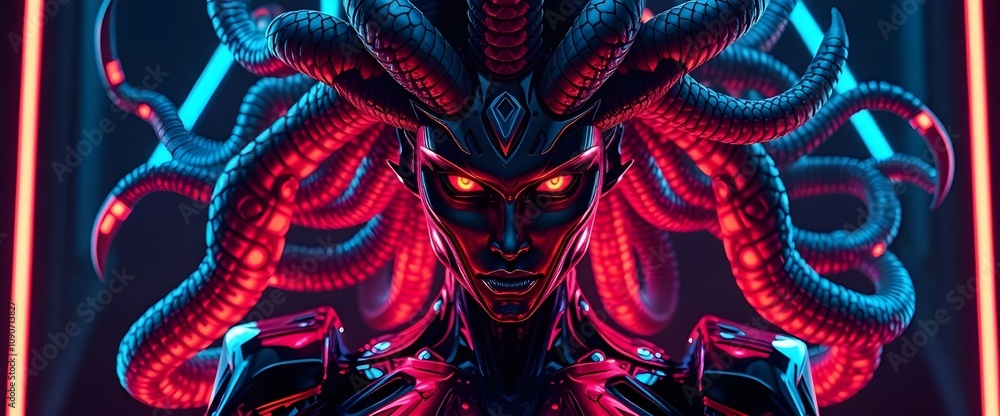 Naklejka premium Reimagined Medusa with robotic serpents, neon-colored scales, glowing eyes, and chrome-like armor. Dark neon-lit background creates a fusion of mythology and futuristic technology.