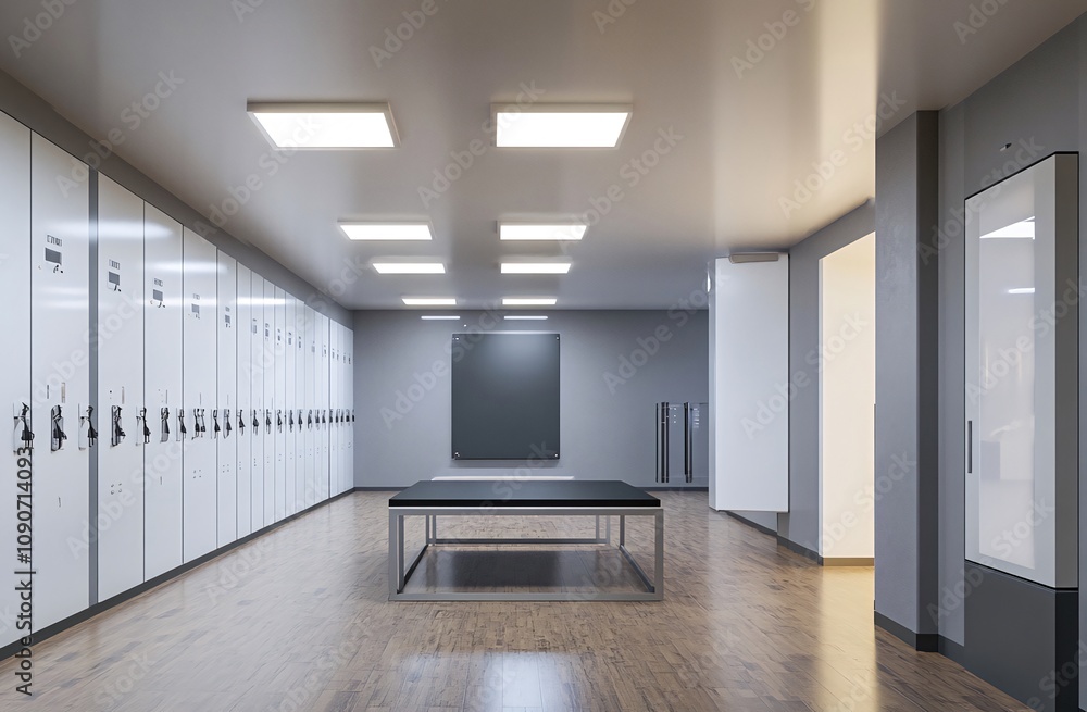 Fototapeta premium Modern, minimalist locker room interior with white lockers, wooden floor, and a bench. Generative ai