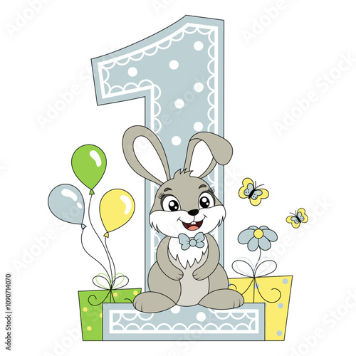 Wallpaper Mural Cute bunny with balloons, happy birthday 1 year old, 1 month old. Happy birthday card with character Rabbit. For design, decor, print, greeting cards. Torontodigital.ca