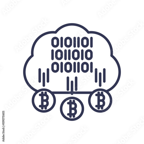 Cloud computing with binary code and Bitcoin symbols, representing digital currency transactions.