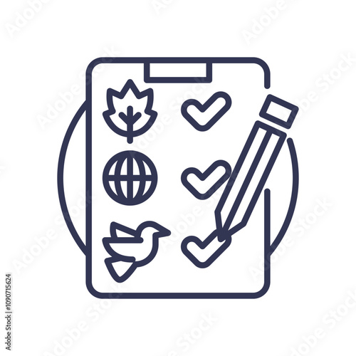 Checklist with leaf, globe, bird, and pencil symbolizes environmental assessment.