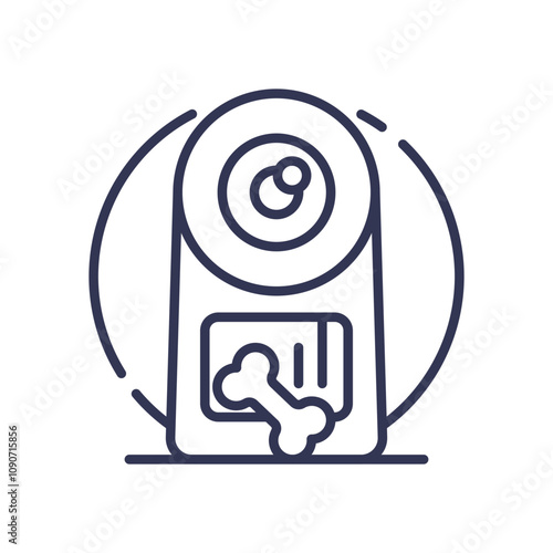 Line art of a treat dispenser with a camera and bone icon, symbolizing pet care technology.