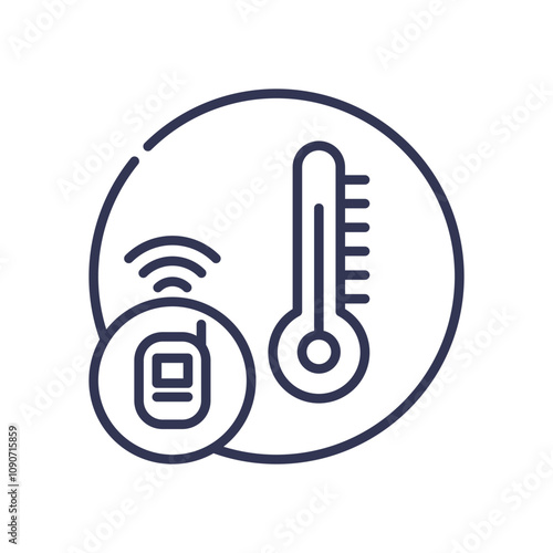 Icon of a wireless temperature sensor with thermometer and signal waves.