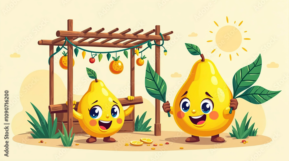 Naklejka premium Cute cartoon pear characters playing near wooden pergola with hanging fruits and string lights, cheerful summer garden illustration with happy yellow pears in whimsical style