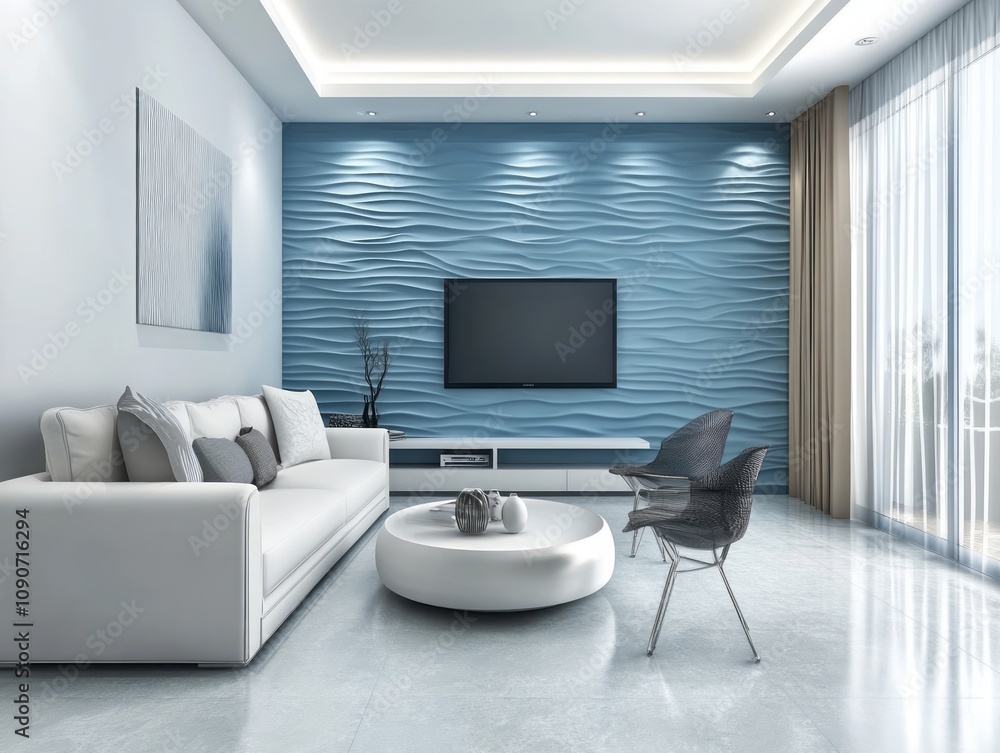 Modern Living Room with Wave Wall Decor and White Sofa Modern Living Room with Wave Wall Decor and White Sofa