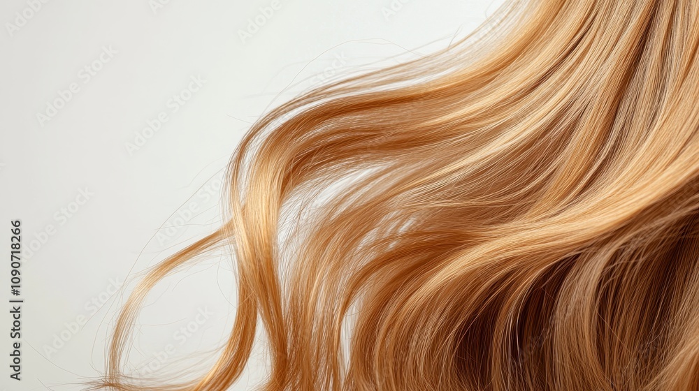 Naklejka premium Beautiful model girl with blonde hair,silky healthy chestnut wavy hair strand,hair wavy ribbon, with smooth,Keratin straightening,Treatment,straight long hair,procedures,Smooth hairstyle.