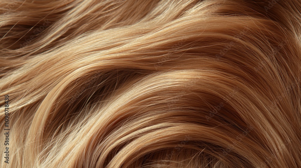Naklejka premium Beautiful model girl with blonde hair,silky healthy chestnut wavy hair strand,hair wavy ribbon, with smooth,Keratin straightening,Treatment,straight long hair,procedures,Smooth hairstyle.