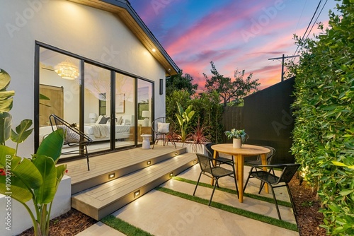 Modern patio with ambient lighting at sunset.
