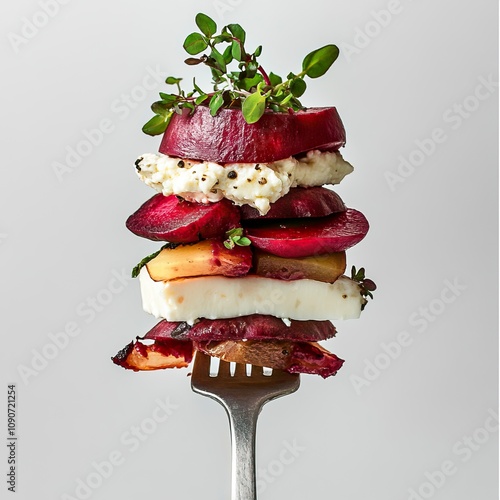 A stack on a fork, Crema commedia dell'artechoke, gorgonzola, and beets on a white background, food photography in a minimalist style, generative ai