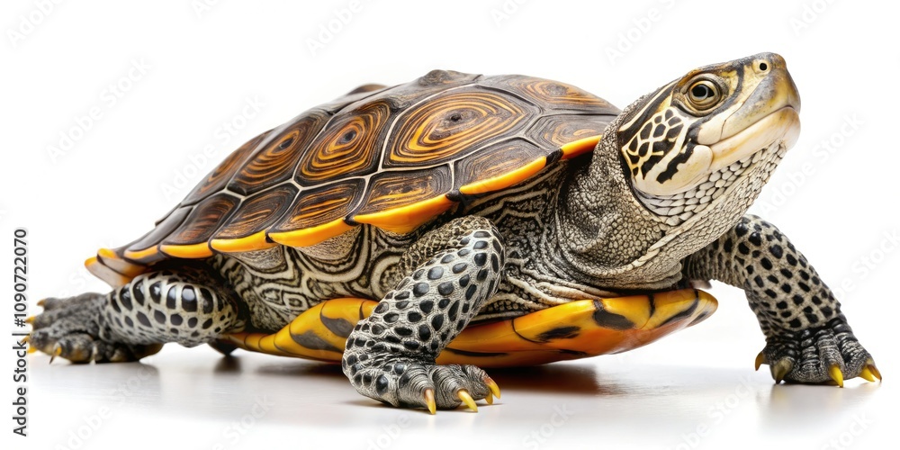 Obraz premium Captivating Diamondback Terrapin on White Background â€“ Nature Photography, Wildlife, Reptile, Aquatic Species, Turtle, Endangered Species,
