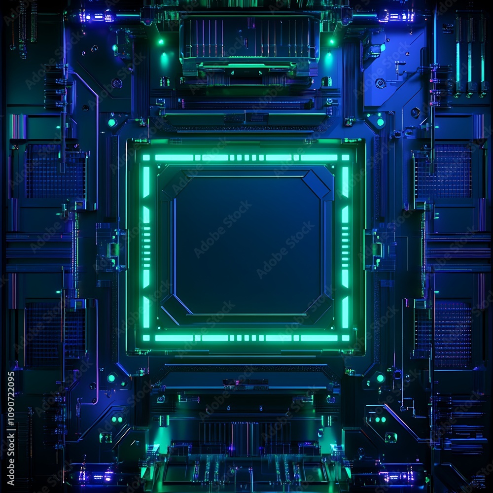 Fototapeta premium Futuristic Circuit Board Background with Green and Blue Neon Lights Emphasizing a Central Square for Technology and Digital Themes