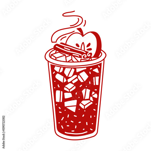 glass of hot apple punch with apple slices and a stick of cinnamon. Autumn transparent vitamin drink of red color in flat style. Non-alcoholic cocktail on a white background. Contrasting illustration