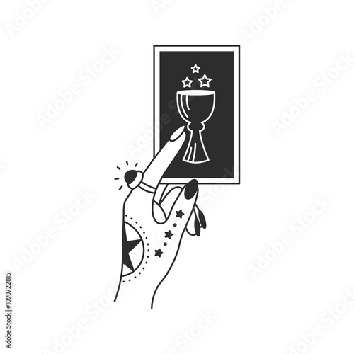 Line Woman Hand with Tattoo Holding Tarot Card. Elegant finger gesture. Prediction Forecast and Fortune Telling symbol. Vector illustration in Line art Style