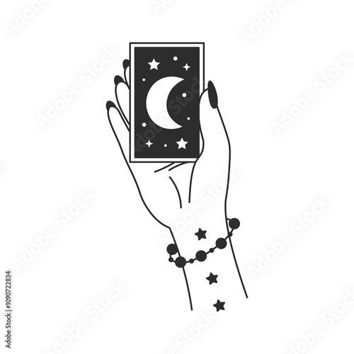 Hand Holding Tarot Card Line art. Woman fingers with long nails showing mystical prediction symbol. Occult Palm with tattoo bracelet star shape. Vector illustration.