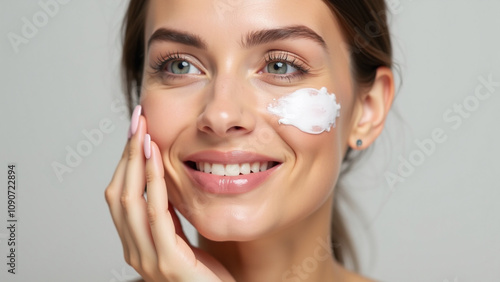 Woman applying face cream. Concept of skincare, beauty, and healthy skin.