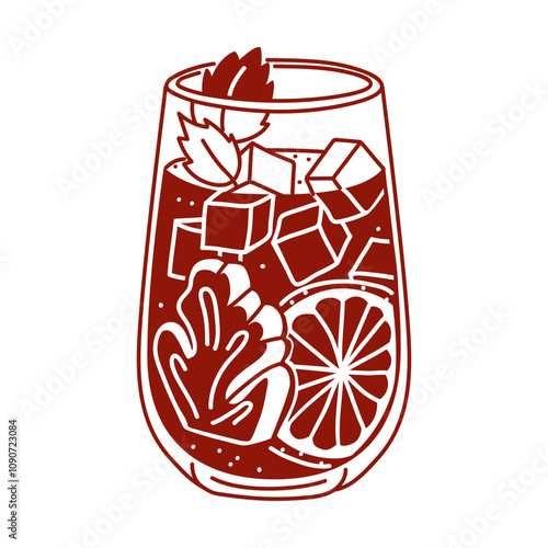 A glass of cold grapefruit juice with ginger, mint and ice cubes. A cooling autumn drink with vitamins. Cocktail of red, burgundy color in a flat style isolated on white. Contrasting illustration