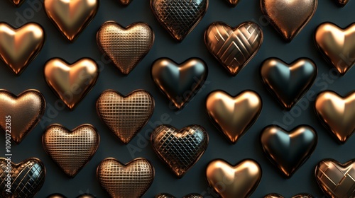 Array of gleaming golden stars with varied textures, each heart reflecting light in different ways. Elegant appearance. Transparent background. copy space