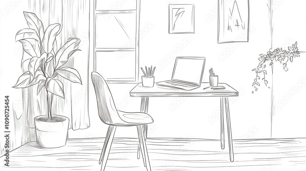 Obraz premium Minimalist continuous line drawing of a workspace featuring a chair laptop table desk and plant 2D cartoon illustration in a hand drawn style