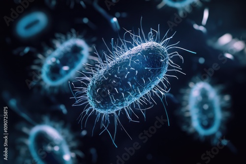 Microscopic view of rod shaped gram positive bacteria surrounded by viruses and bacteria set against a dark backdrop representing pathogens in microbiology photo