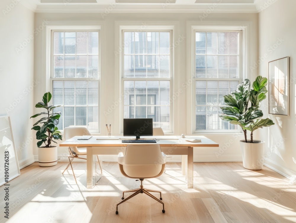 Fototapeta premium Sunlit Modern Office Workspace With Large Windows