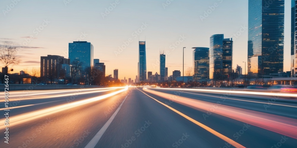 Fototapeta premium Evening Drive Through City Streets at Sunset.