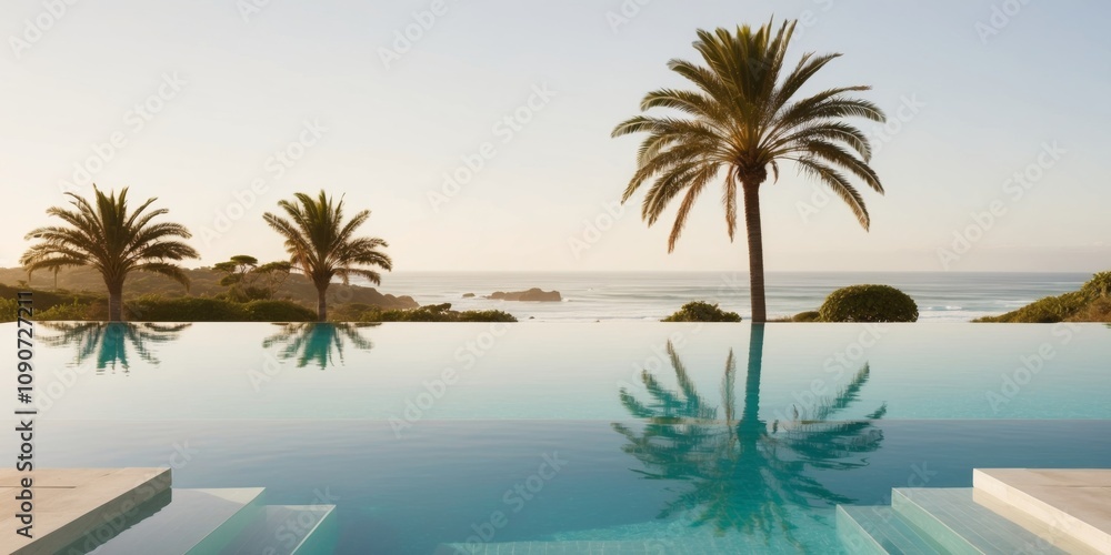 Fototapeta premium A serene infinity pool with stunning landscape views in a coastal setting during bright daylight.