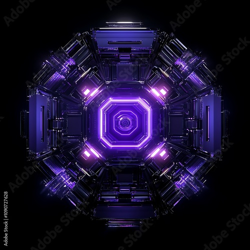 Futuristic Geometric Structure with Glowing Purple Lights and Complex Design for Modern Digital Art and Technology Themes