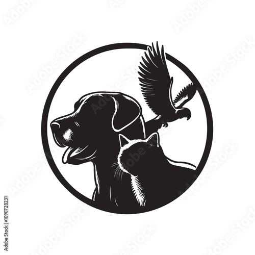 Pet animal vector black silhouette. Dog, cat and parrot vector design black and white. Pet logo, icon.