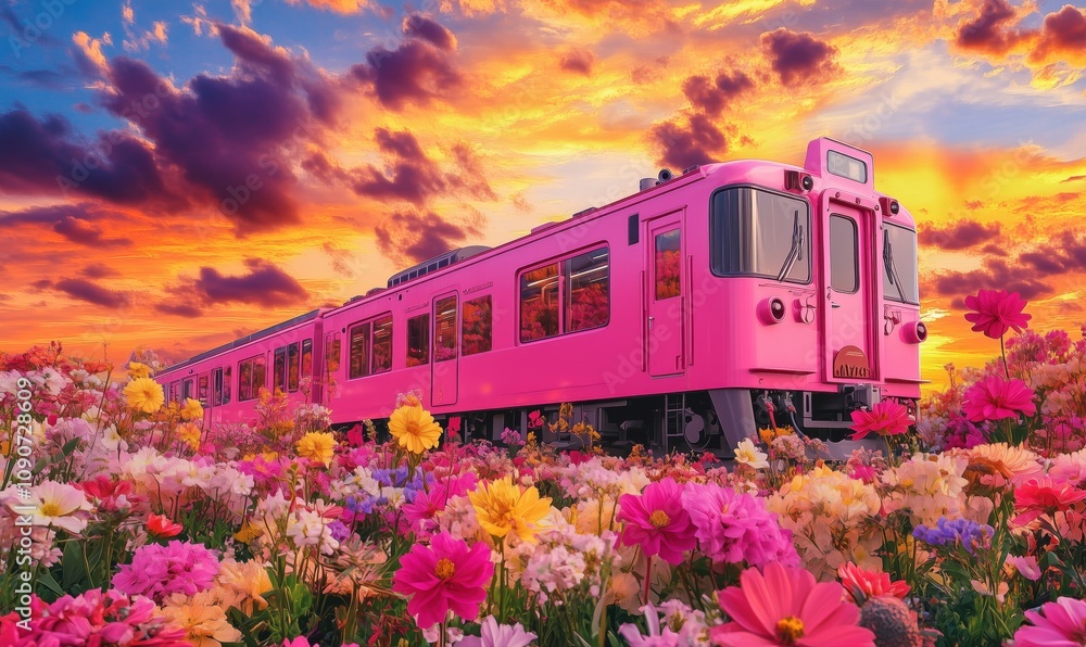Fototapeta premium Pink train amidst vibrant flowers and sunset sky, colorful scene with blooming flowers surrounding train, dramatic clouds in background