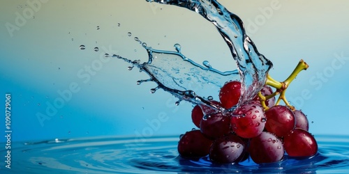 Refreshing Splash Water on Juicy Red Grapes with Droplets and Blue Background in High Speed.