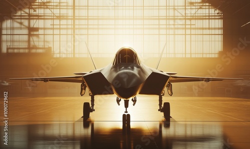 Fighter jet silhouette in hangar, dramatic lighting, sleek design, modern technology, industrial setting