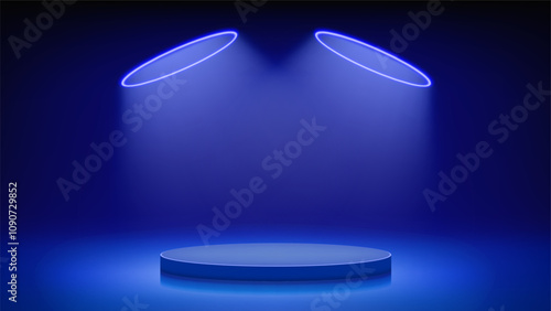 Futuristic blue stage, podium. Blue room with round podium pedestal illuminated by circular neon, led halo. Background for displaying products, presentation. Backdrop. Showcase. Vector illustration