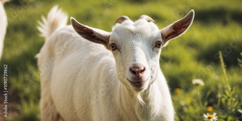 A curious white goat gazes into the camera on a sunny farm day surrounded by lush green grass.