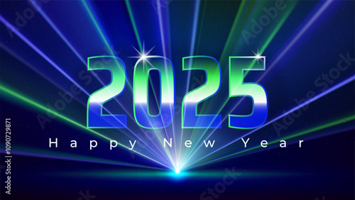 Happy New Year 2025, 25. New Year greeting card. Numbers 2025 on the background of blue green laser beams on the stage. Futuristic technological design. Vector illustration