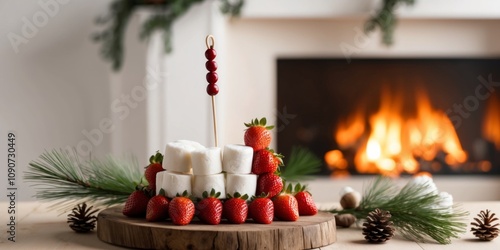 Festive strawberry fondue with marshmallows by the fireplace. photo