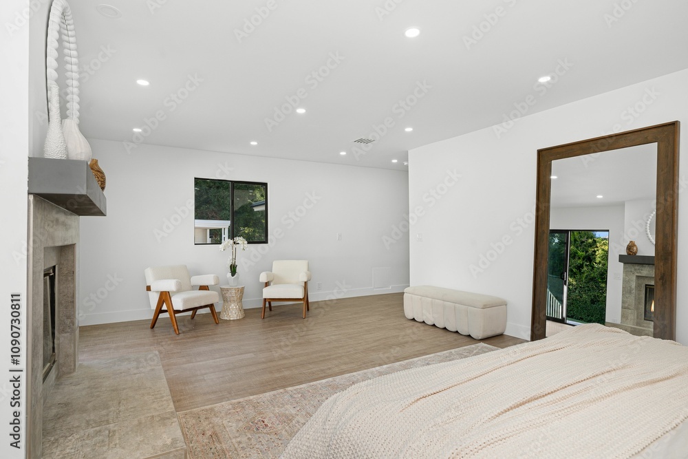 Fototapeta premium Modern minimalist bedroom with elegant furniture.