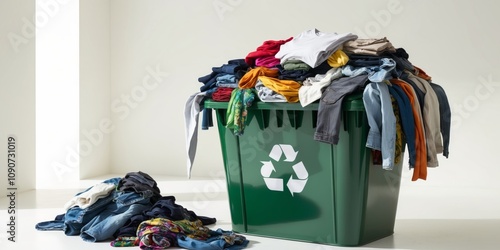 Overflowing green recycling bin full of used clothing promoting textile reuse and responsible consumption. photo