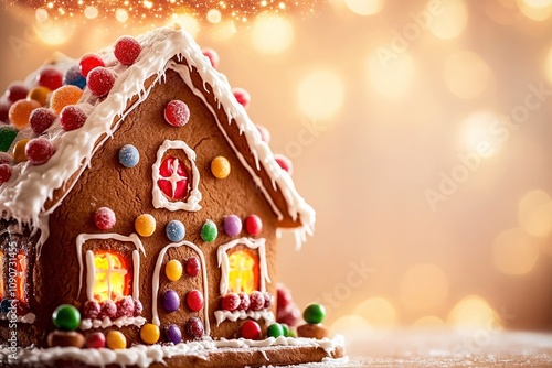 Gingerbread house with colorful candies and bokeh lights photo