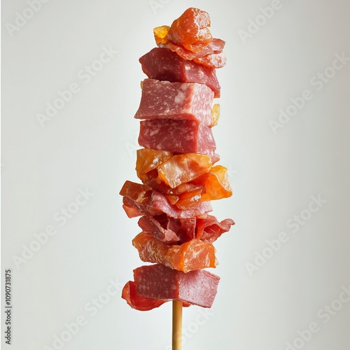 a ultraphotorealistic tower on a wooden stick made out of salami, ham, bacon and prosciutto, that is perfectly vertical on a white background, bright light, generative ai photo