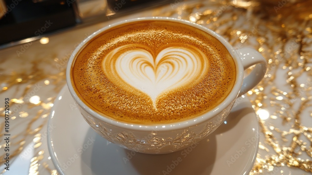 Elegant latte art in a cup showcasing a heart-shaped foam design, placed on a white saucer against a shimmering golden backdrop. Elegant latte art in a cup showcasing a heart-shaped foam design, placed on a white saucer against a shimmering golden backdrop.