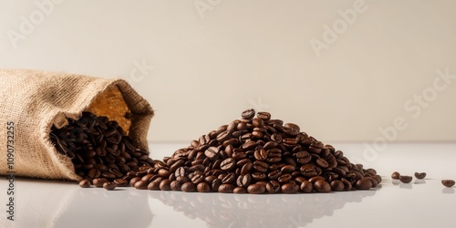 A burlap sack spills roasted coffee beans onto a pile of other beans. photo