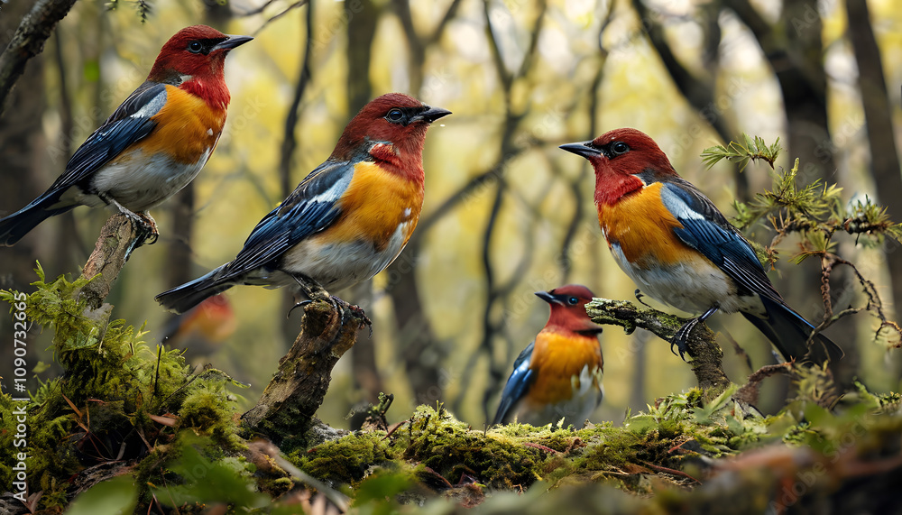 Fototapeta premium Four colorful birds gathered on a mossy branch, vibrant forest background, nature setting, copy space
